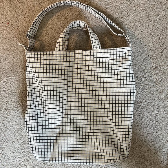 BAGGU Handbags - BAGGU Canvas Duck Bag, Large Tote Bag, Cream & Black "Natural Grid" Pattern, EUC